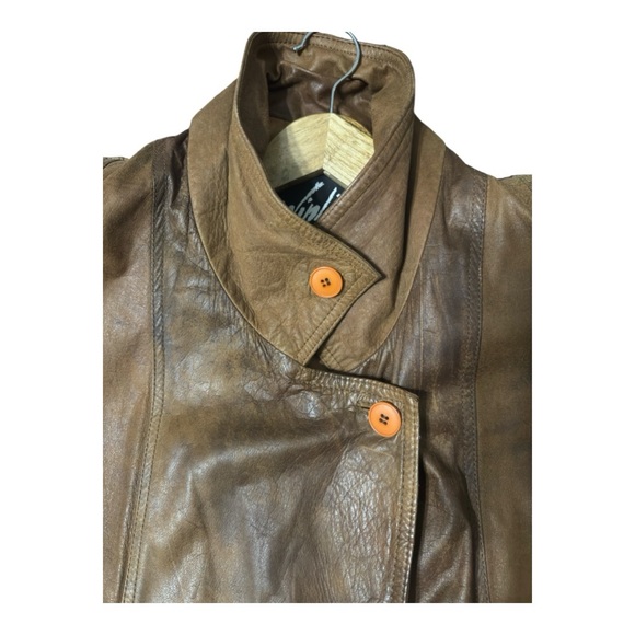 VINTAGE 1989 WINLIT BROWN‎ LEATHER DOUBLE BREAST TRENCH COAT SIZE MEDIUM - Picture 5 of 13